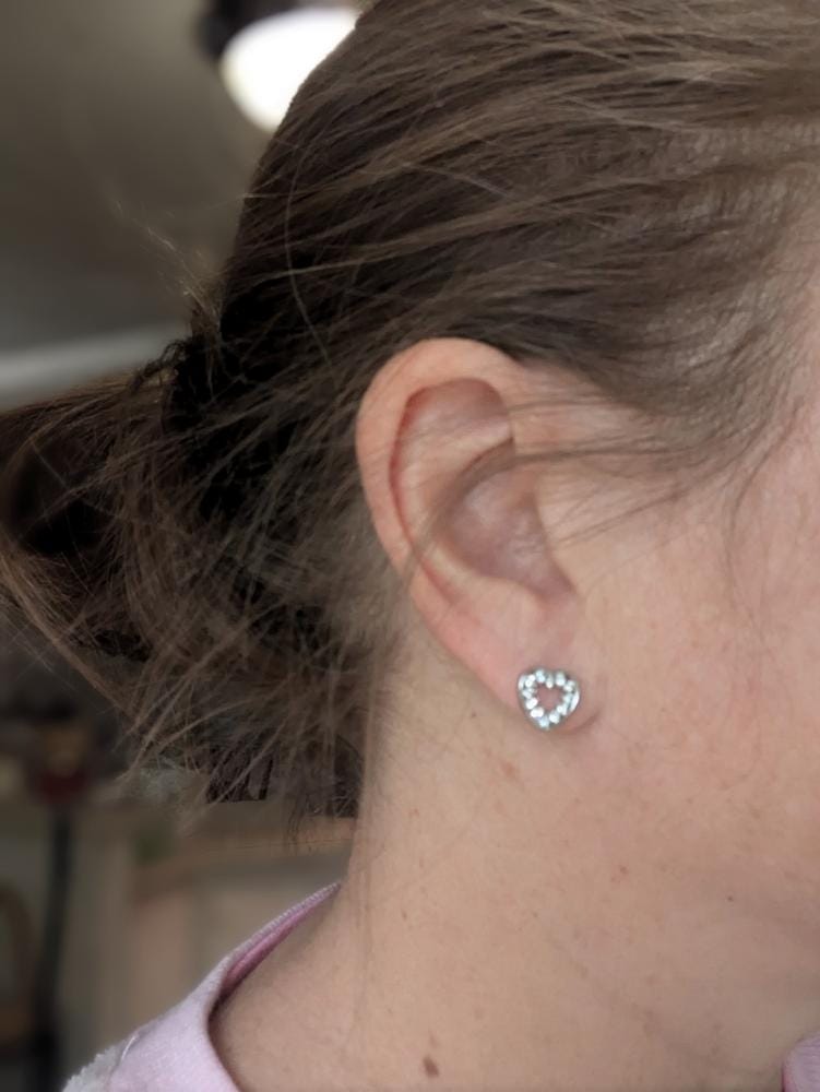 Customer photo review of Ainsley 18k White Gold Plated Heart Earrings with Swarovski Crystals