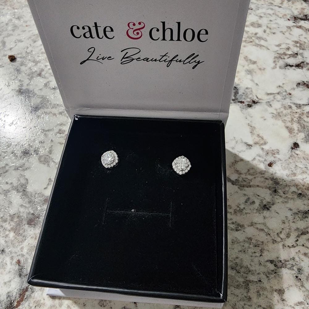 Customer photo review of Moissanite by Cate & Chloe Hannah 18k Gold Plated 925 Sterling Silver Stud Earrings 1.16tcw