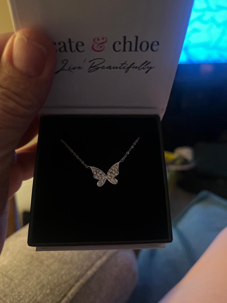 Customer photo review of Yuenen 18k White Gold Plated Silver Butterfly Necklace with Swarovski Crystals