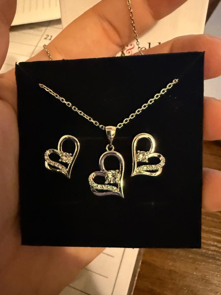 Customer photo review of Kara 18k White Gold Plated Silver Heart Necklace and Earring Set with Swarovski Crystals