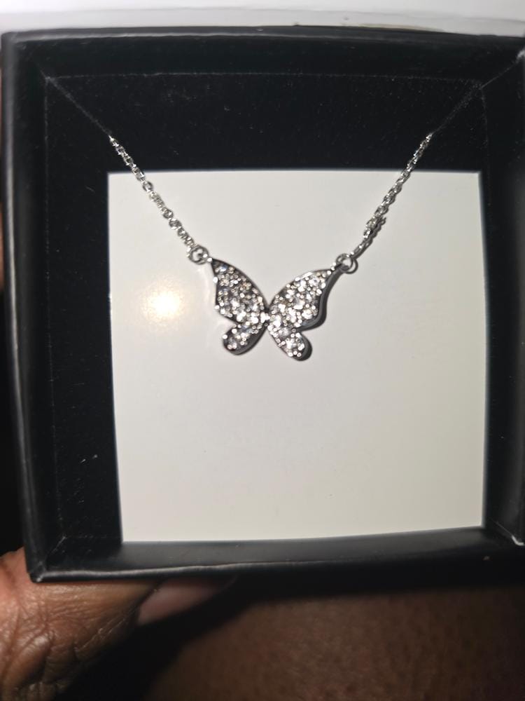 Customer photo review of Yuenen 18k White Gold Plated Butterfly Necklace with Swarovski Crystals & Heartfelt Message for Daughter