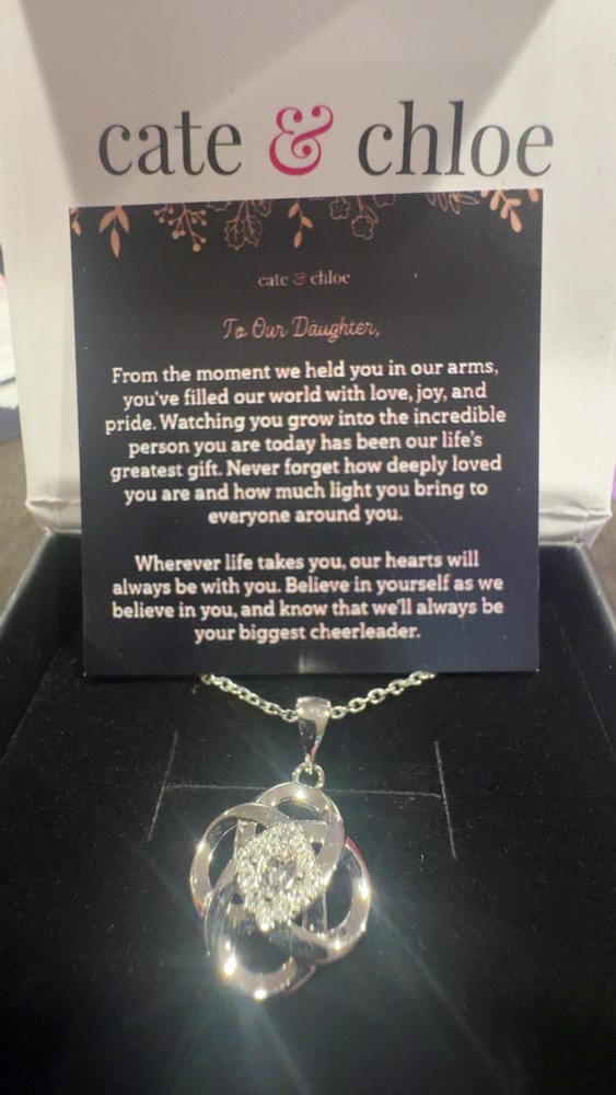 Customer photo review of Nyssa 18k White Gold Plated Flower Pendant Necklace with Swarovski Crystals & Heartfelt Message for Daughter