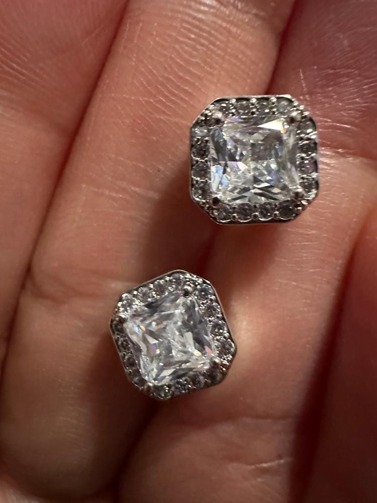 Customer photo review of Estelle 18k White Gold Plated Halo Stud Earrings with Simulated Diamond Crystals