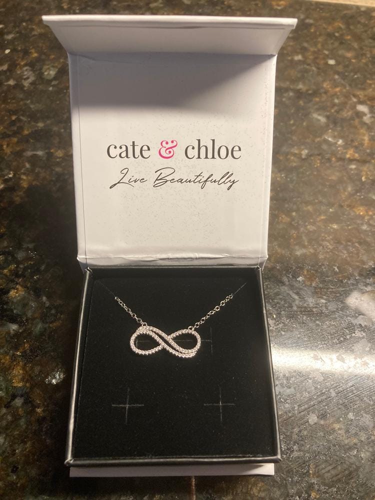 Customer photo review of Tansy 18k White Gold Plated Infinity Pendant Necklace with Simulated Diamond Crystals