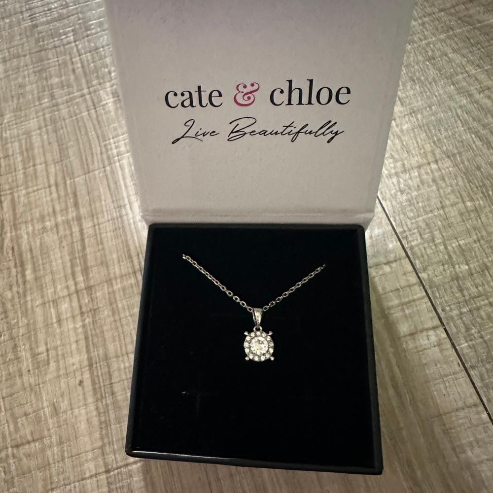 Customer photo review of Raylee 18k White Gold Plated Halo Pendant Necklace with Swarovski Crystals