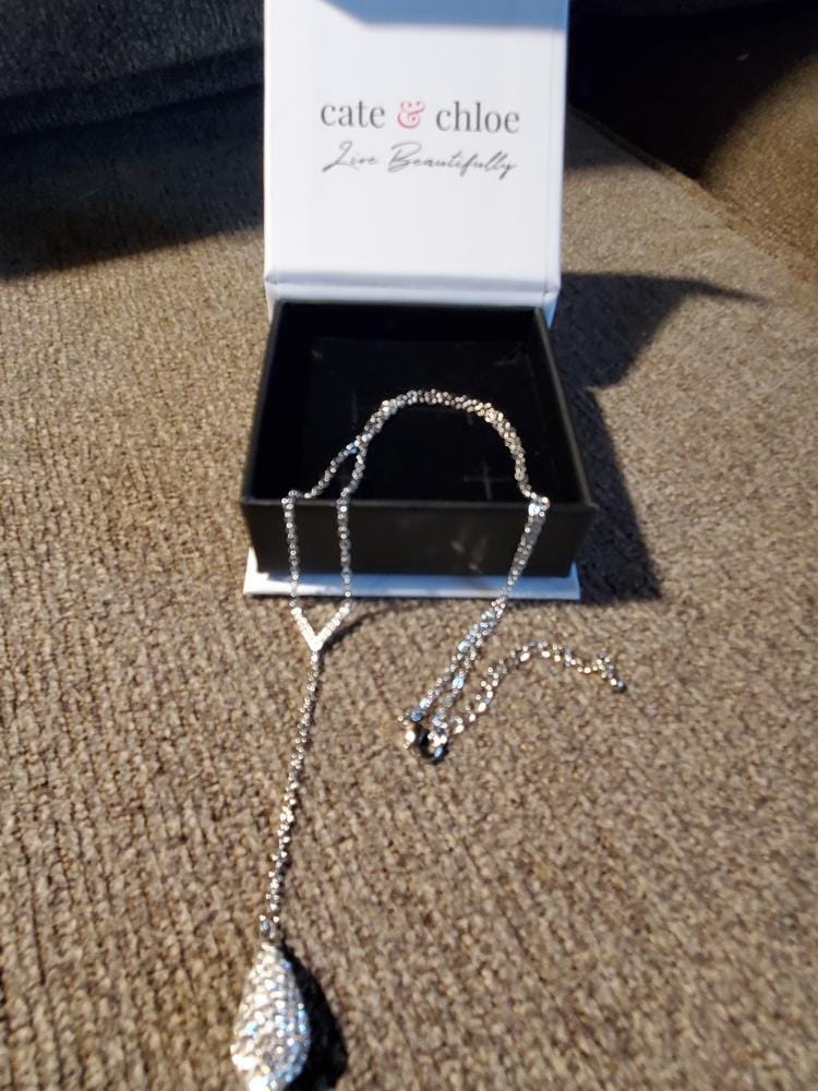 Customer photo review of Ava 18k White Gold Plated Tear drop Y-Necklace with Simulated Diamond Crystals - Final Sale