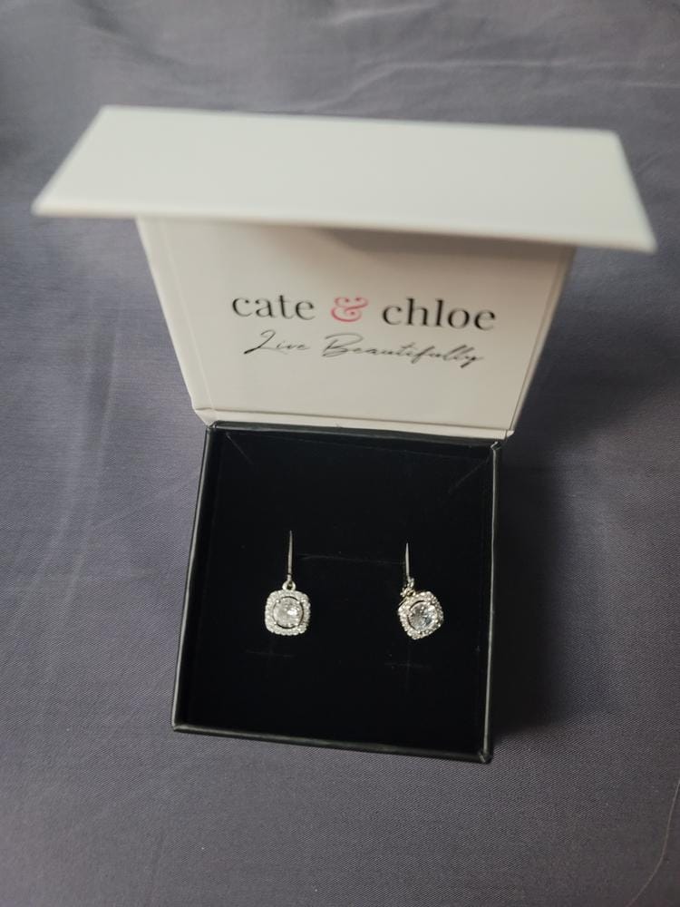 Customer photo review of Freya 18k White Gold Plated Halo Drop Earrings with Simulated Diamond Crystals
