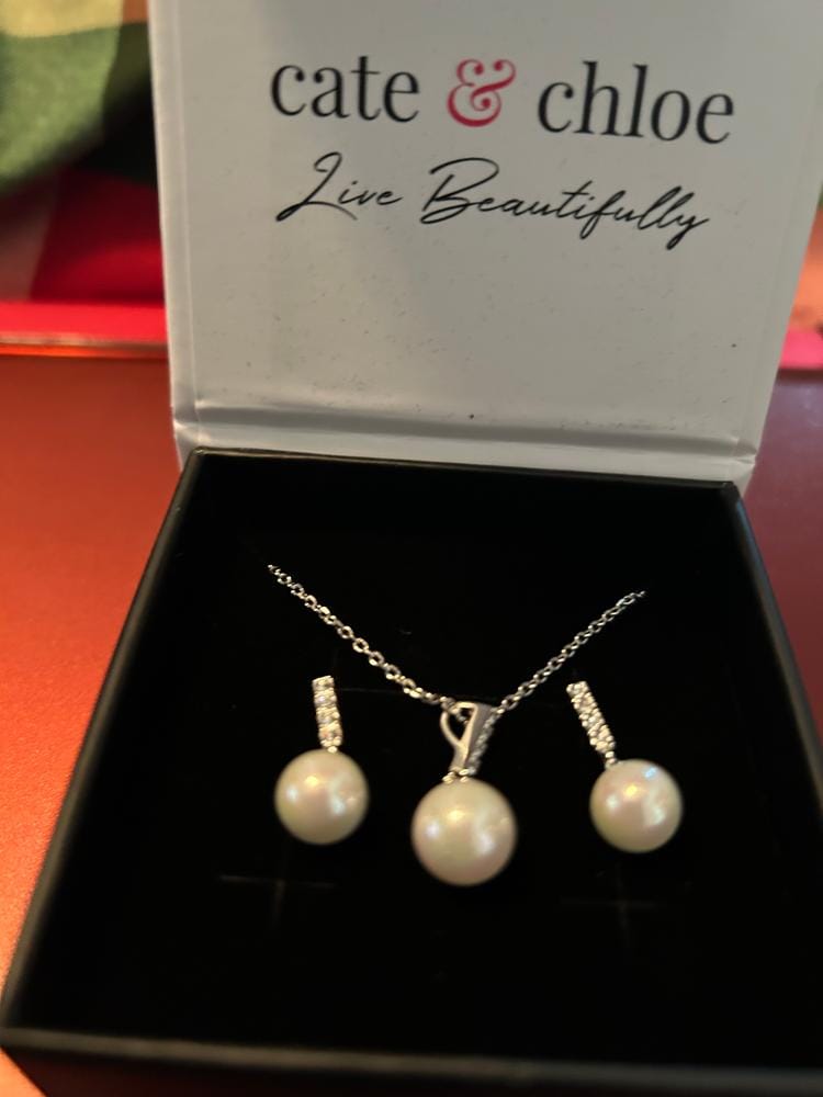 Customer photo review of Gabrielle 18k White Gold Plated Pearl Drop Earrings with Swarovski Crystals