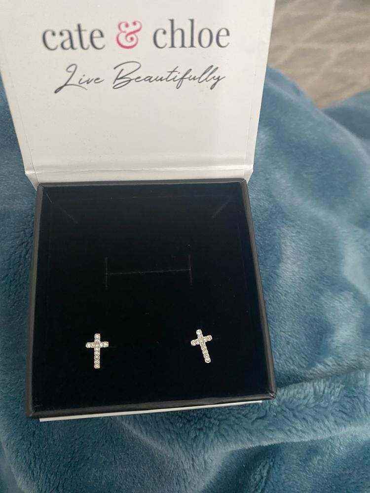 Customer photo review of Nayeli 18k White Gold Plated Silver Cross Stud Earrings with Swarovski Crystals