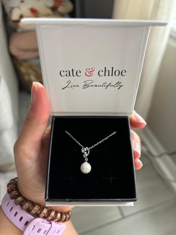 Customer photo review of Gabrielle 18k White Gold Pearl Drop Pendant Necklace with Swarovski Crystals