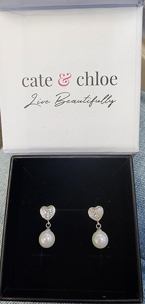 Customer photo review of Kenley 18k White Gold Plated Heart Dangle Earrings with Pearls and Swarovski Crystals - Fab Fav