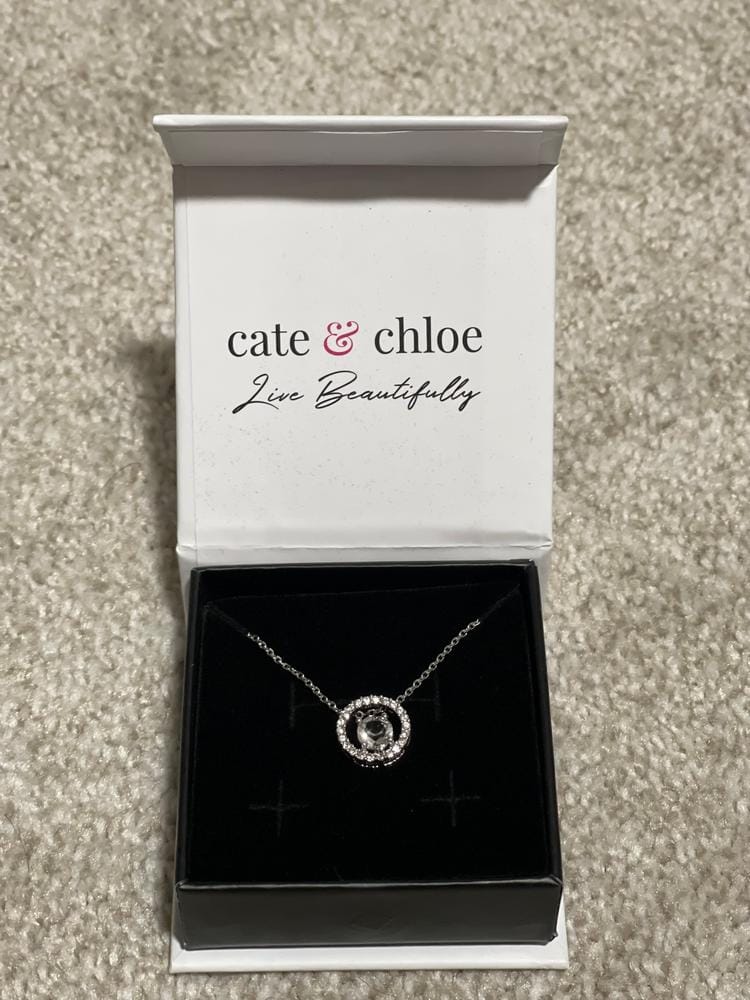 Customer photo review of Reign 18k White Gold Plated Halo Necklace with Swarovski Crystals