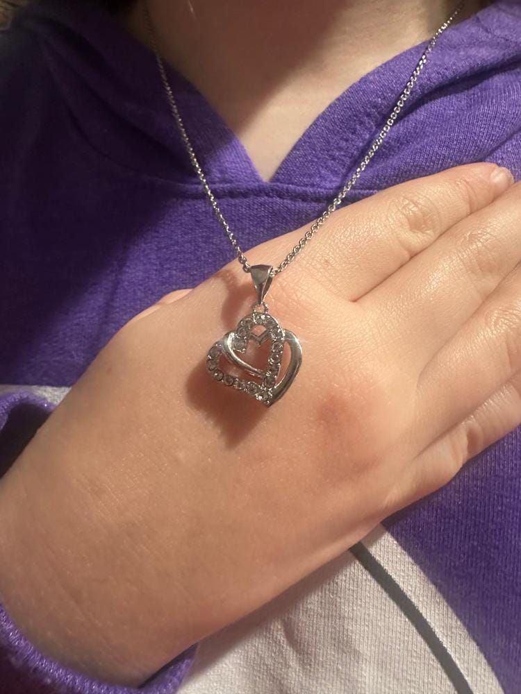 Customer photo review of Angela 18k White Gold Plated Silver Double Heart Necklace with Swarovski Crystals