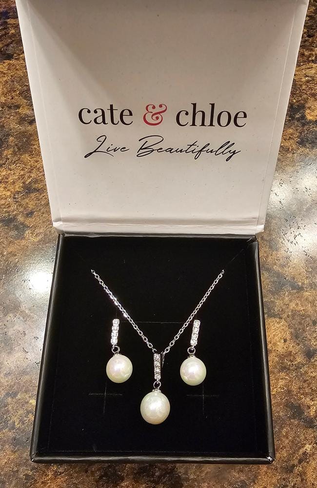 Customer photo review of Gabrielle 18k White Gold Plated Pearl Drop Earrings with Swarovski Crystals