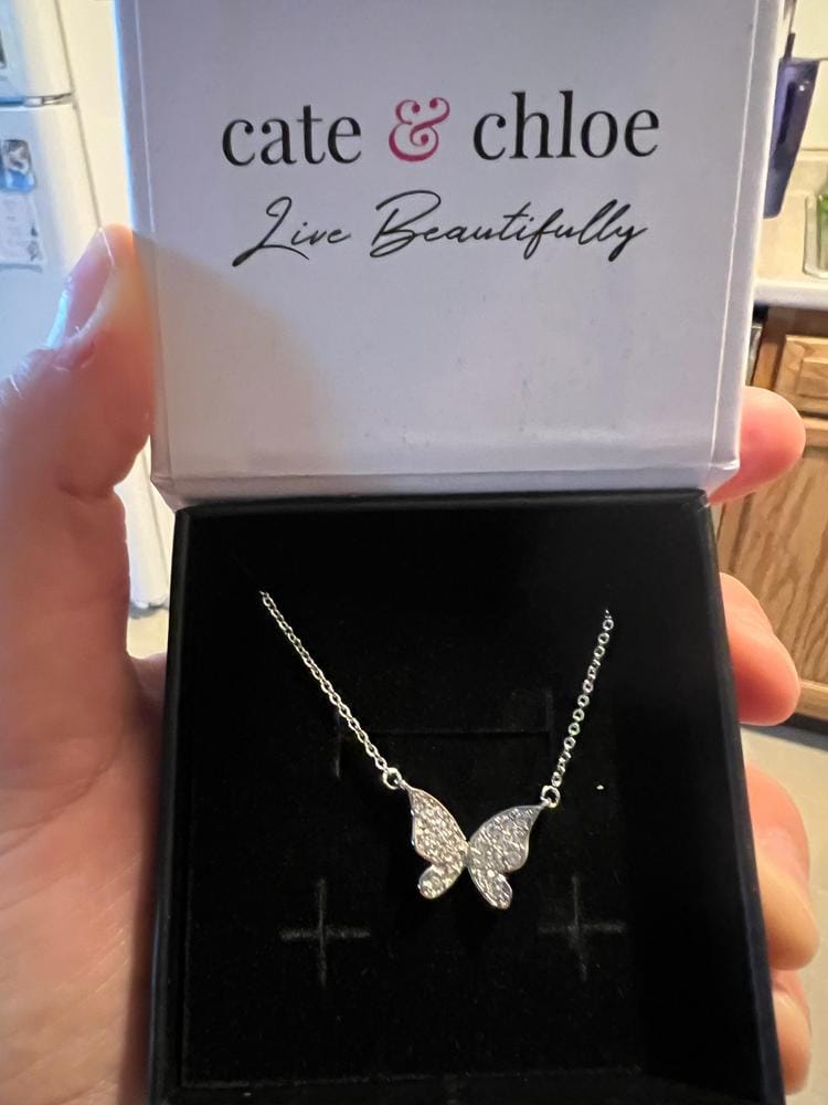 Customer photo review of Yuenen 18k White Gold Plated Butterfly Necklace with Swarovski Crystals & Heartfelt Message for Daughter