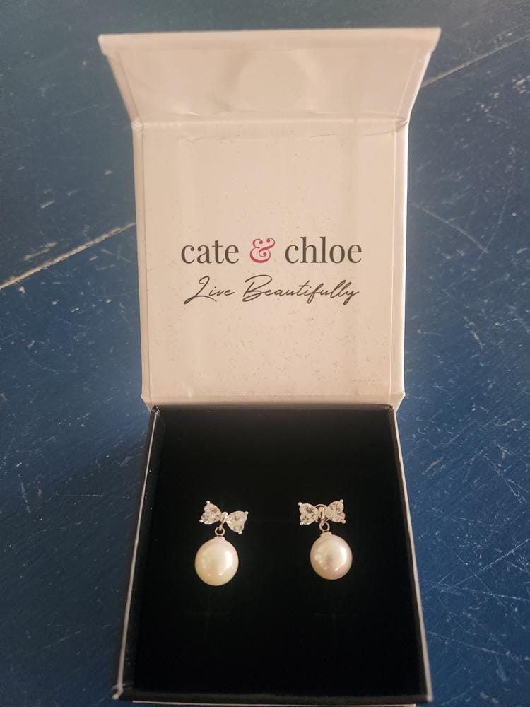 Customer photo review of Oakley 18k White Gold Plated Silver Drop Pearl Earrings with Swarovski Crystals