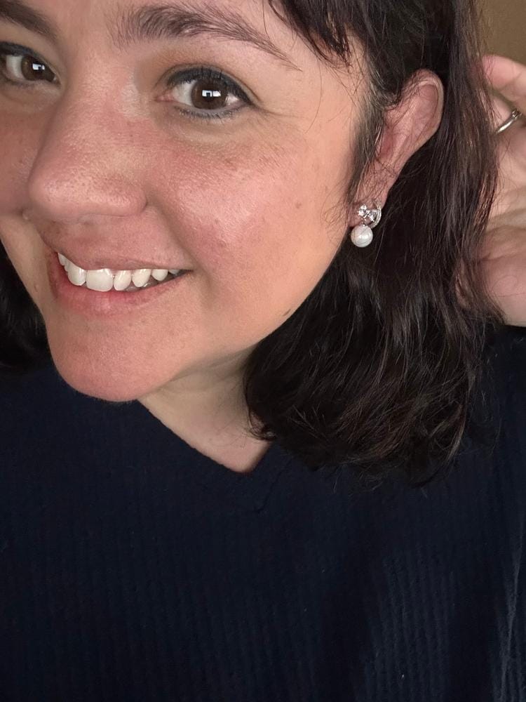 Customer photo review of Oakley 18k White Gold Plated Silver Drop Pearl Earrings with Swarovski Crystals