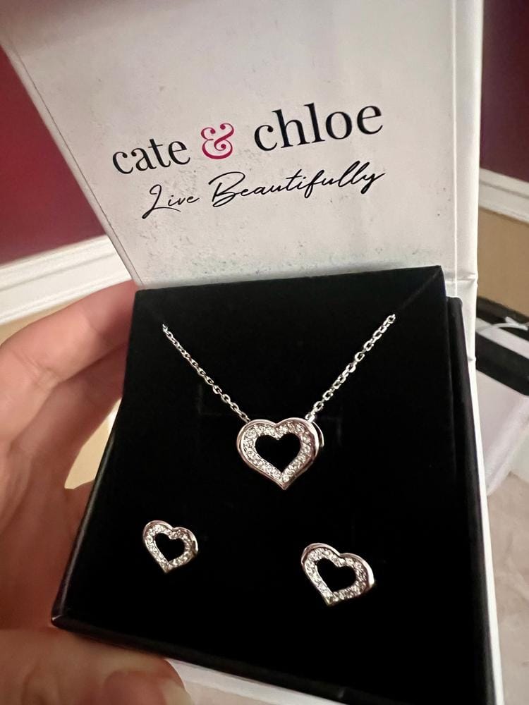 Customer photo review of Dominique 18k White Gold Plated Silver Heart Necklace and Earring Set with Swarovski Crystals