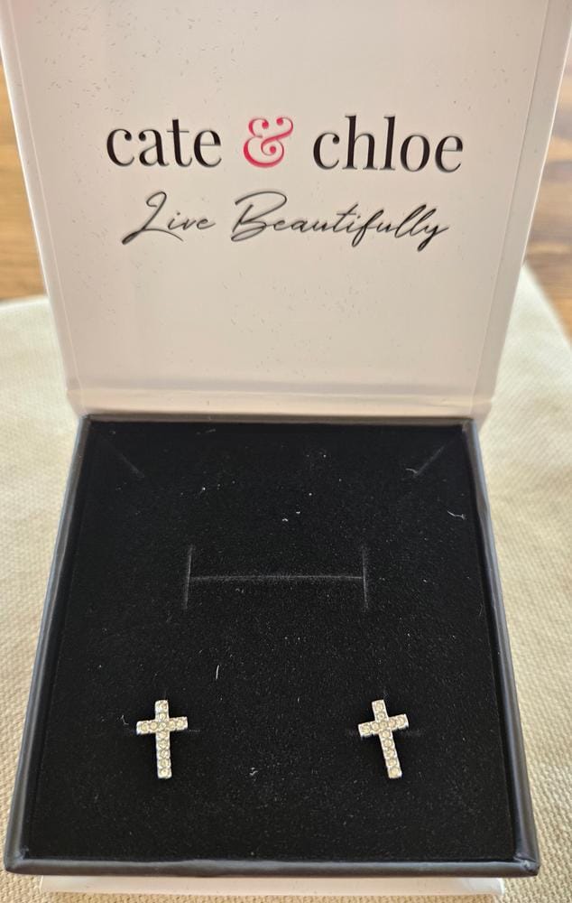 Customer photo review of Nayeli 18k White Gold Plated Silver Cross Stud Earrings with Swarovski Crystals