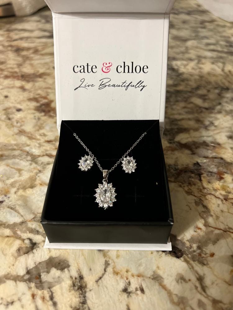 Customer photo review of Sage 18k White Gold Plated Stud Earrings and Necklace Set with Oval Cut Simulated Diamond Crystals