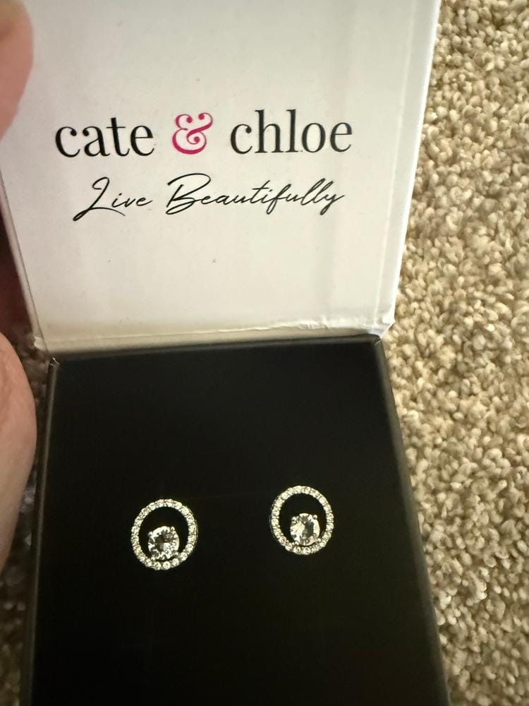 Customer photo review of Reign 18k White Gold Plated Halo Drop Stud Earrings with Swarovski Crystals
