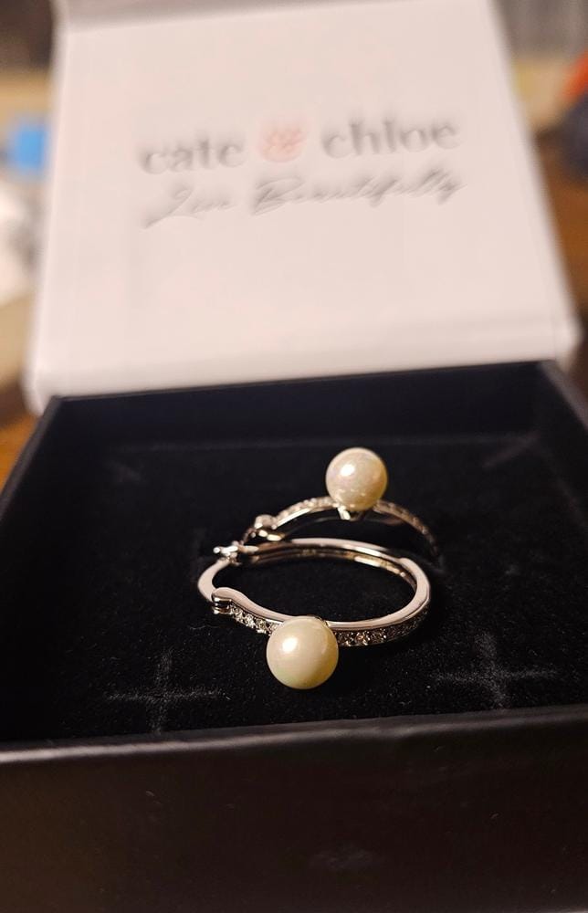 Customer photo review of Nyla 18k White Gold Plated 22mm Pearl Hoop Earrings with Swarovski Crystals