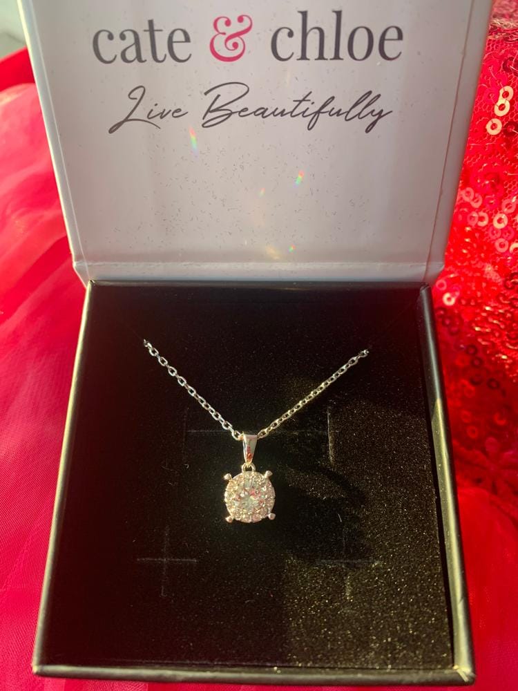 Customer photo review of Raylee 18k White Gold Plated Halo Pendant Necklace with Swarovski Crystals