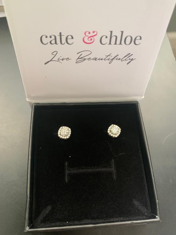 Customer photo review of Moissanite by Cate & Chloe Lucy 18k Gold Plated 925 Sterling Silver Stud Earrings 1.0tcw