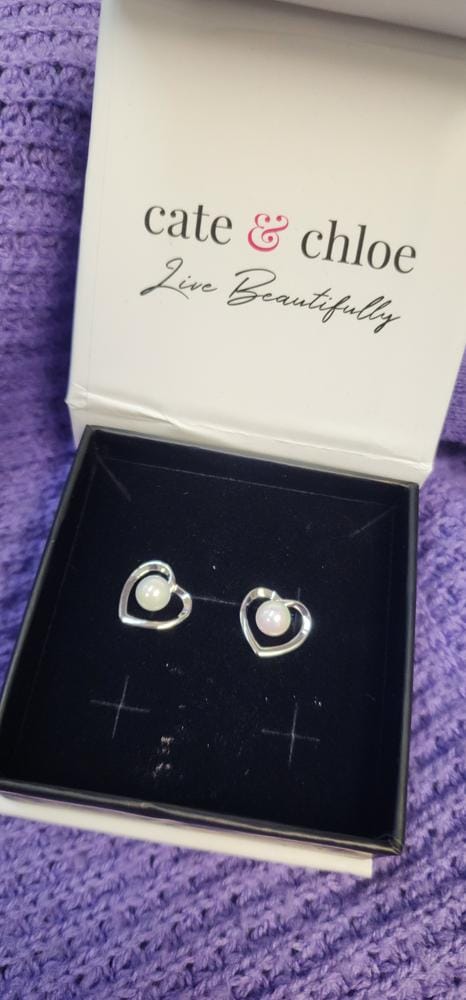 Customer photo review of Harley 18k White Gold Plated Heart Stud Earrings with Shell Pearls