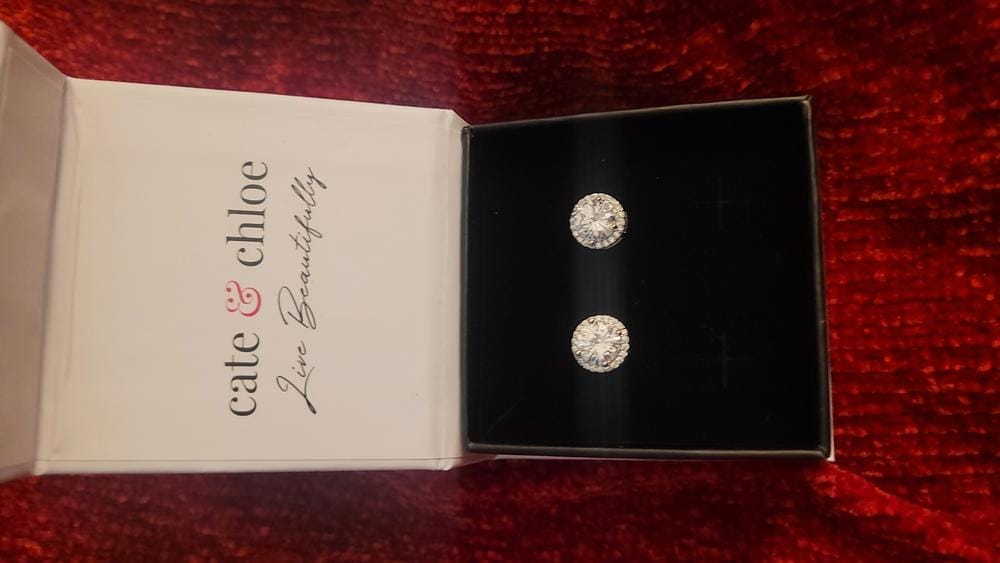 Customer photo review of Sophia 18k White Gold Plated Halo Stud Earrings with Round Cut Simulated Diamond Crystals