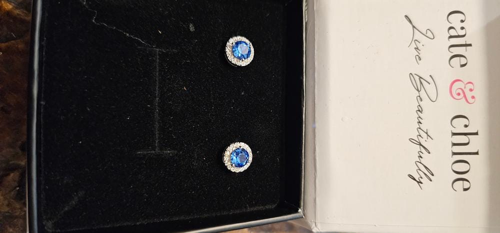 Customer photo review of Royal Birthstone 18k White Gold Plated Halo Stud Earrings with Round Cut Swarovski Crystals