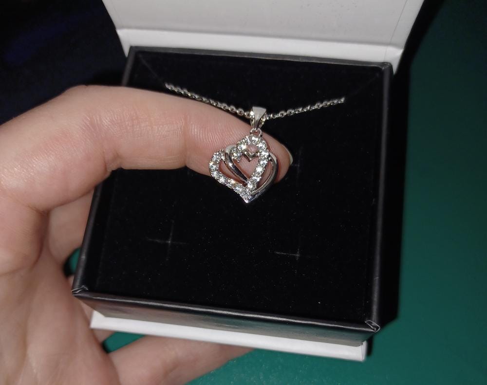 Customer photo review of Angela 18k White Gold Plated Silver Double Heart Necklace with Swarovski Crystals