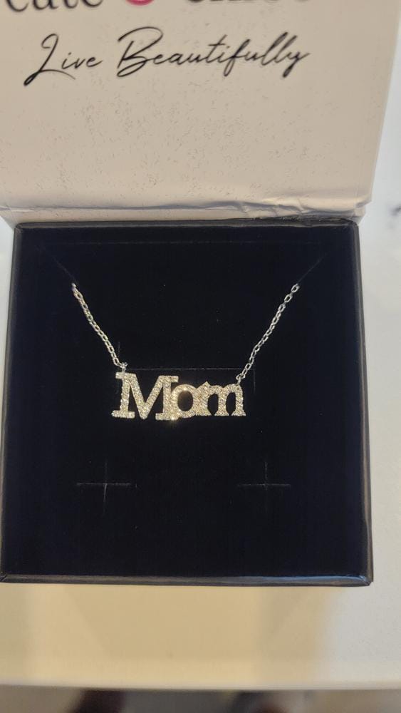 Customer photo review of Carrie 18k White Gold Plated Mom Necklace with Swarovski Crystals