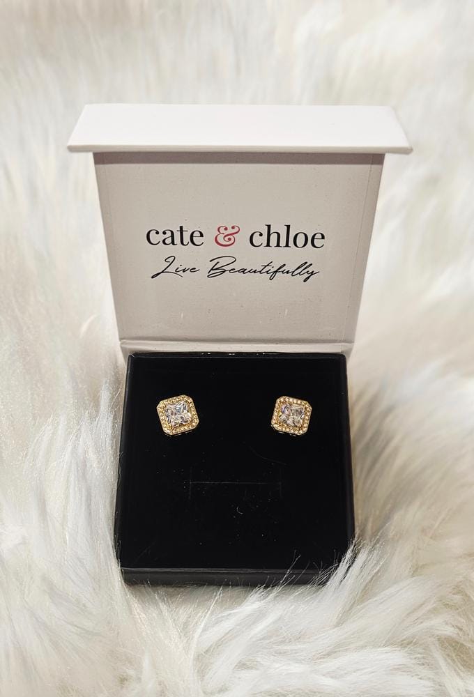 Customer photo review of Norah 18k White Gold Plated Princess Cut Halo Stud Earrings with Simulated Diamond Crystals