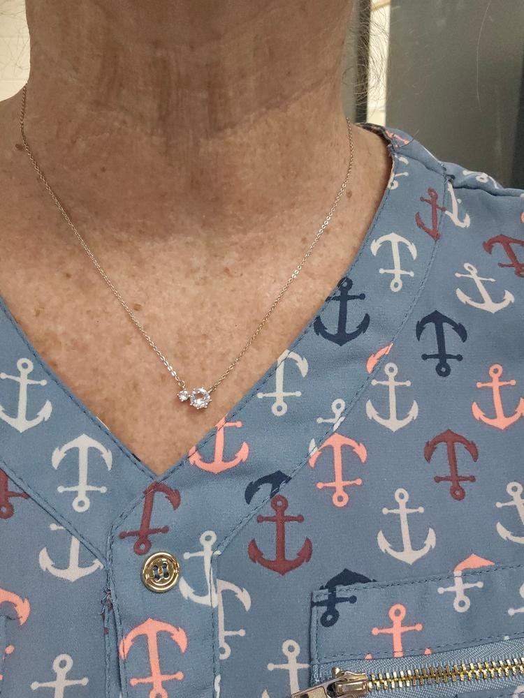 Customer photo review of Emma 18k White Gold Plated 2-Stone Pendant Necklace with Swarovski Crystals & Heartfelt Message for Daughter