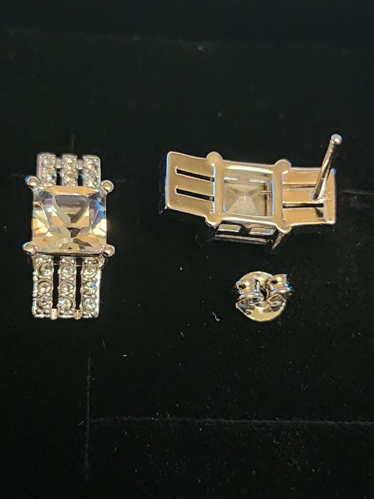 Customer photo review of Fiona 18k White Gold Stud Plated Earrings with Princess Cut Swarovski Crystals