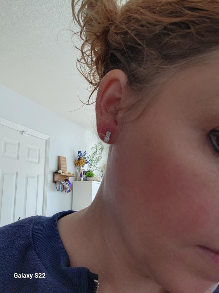 Customer photo review of Laya 18k White Gold Plated Stud Earrings with Swarovski Crystals — Final Sale