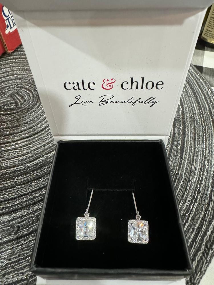 Customer photo review of Maeve 18k White Gold Plated Drop Dangle Halo Earrings with Simulated Diamond Crystals