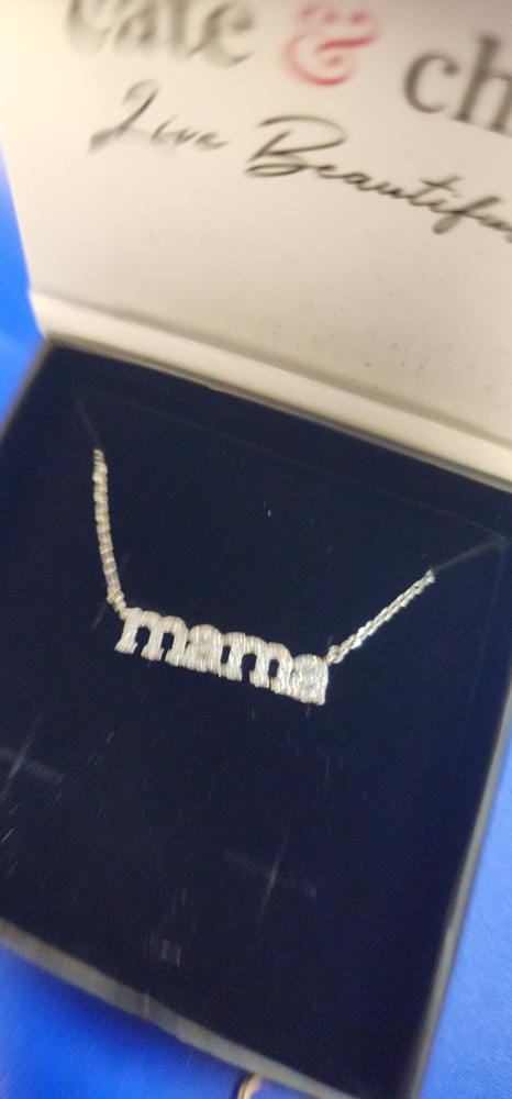 Customer photo review of Kelly 18k White Gold Plated Mama Necklace with Swarovski Crystals