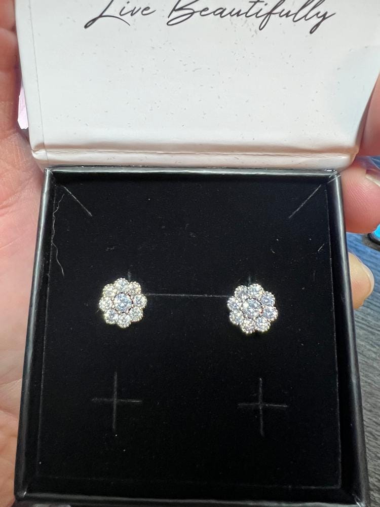 Customer photo review of Alyssa 18k White Gold Plated Flower Stud Earrings with Simulated Diamond Crystals