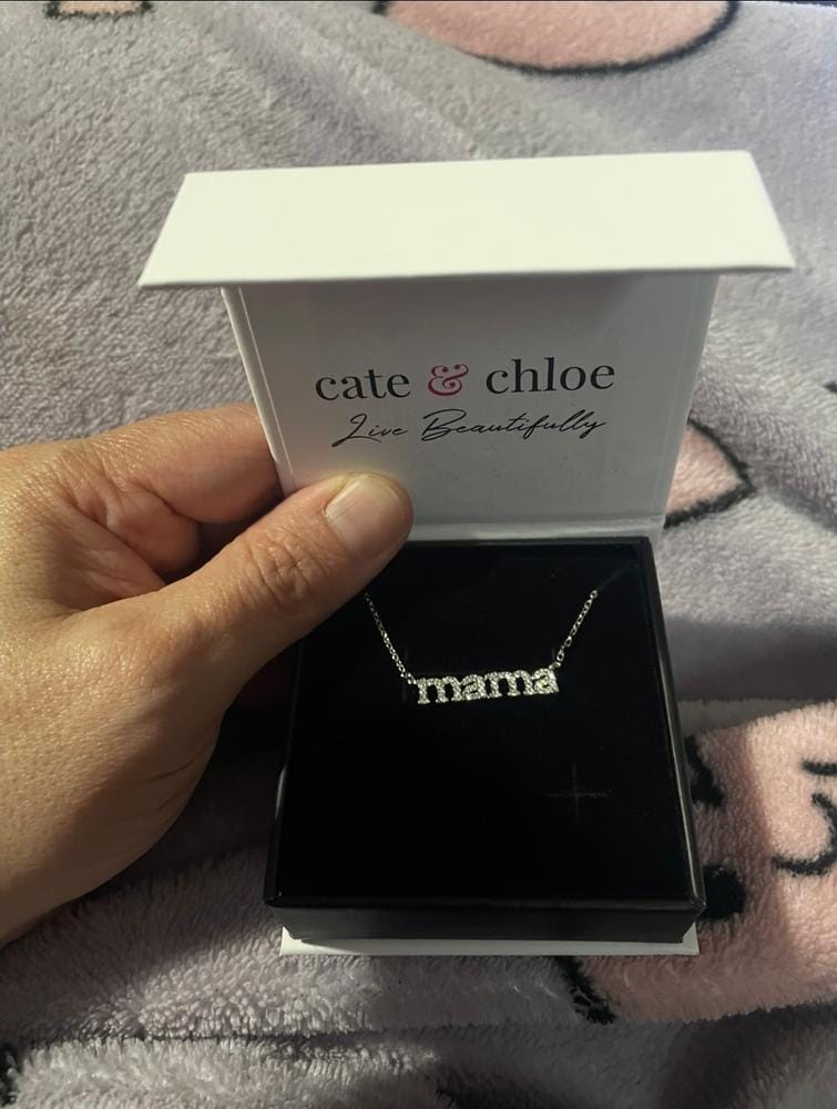 Customer photo review of Kelly 18k White Gold Plated Mama Necklace with Swarovski Crystals
