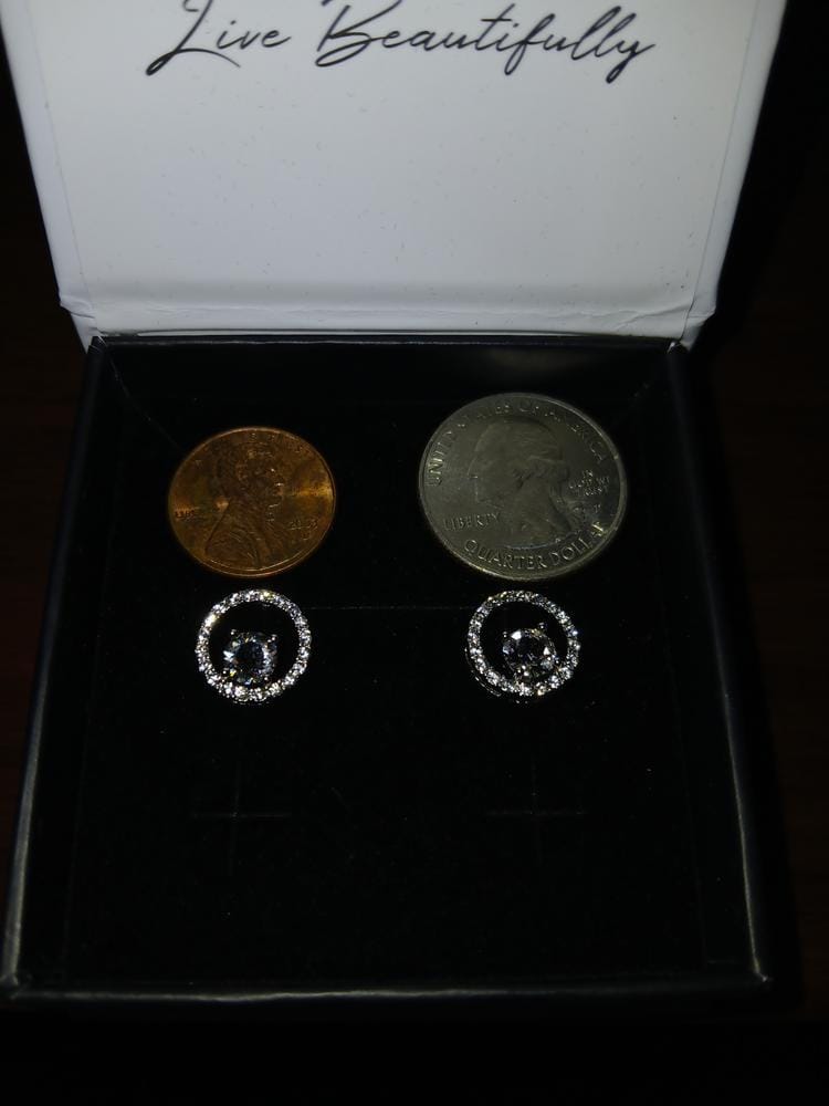 Customer photo review of Reign 18k White Gold Plated Halo Drop Stud Earrings with Swarovski Crystals