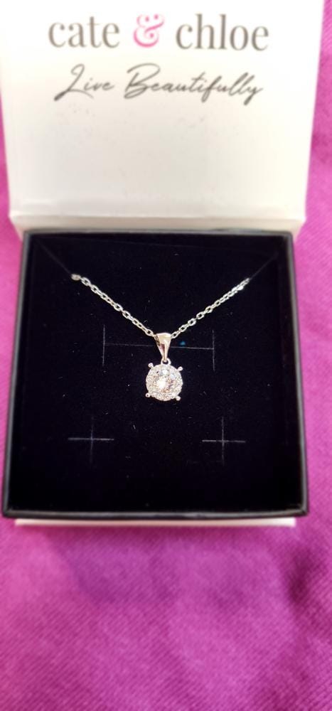Customer photo review of Raylee 18k White Gold Plated Halo Pendant Necklace with Swarovski Crystals