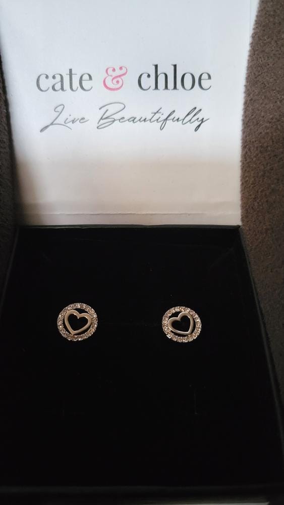 Customer photo review of Khaleesi 18k White Gold Plated Silver Heart Stud Earrings with Swarovski Crystals