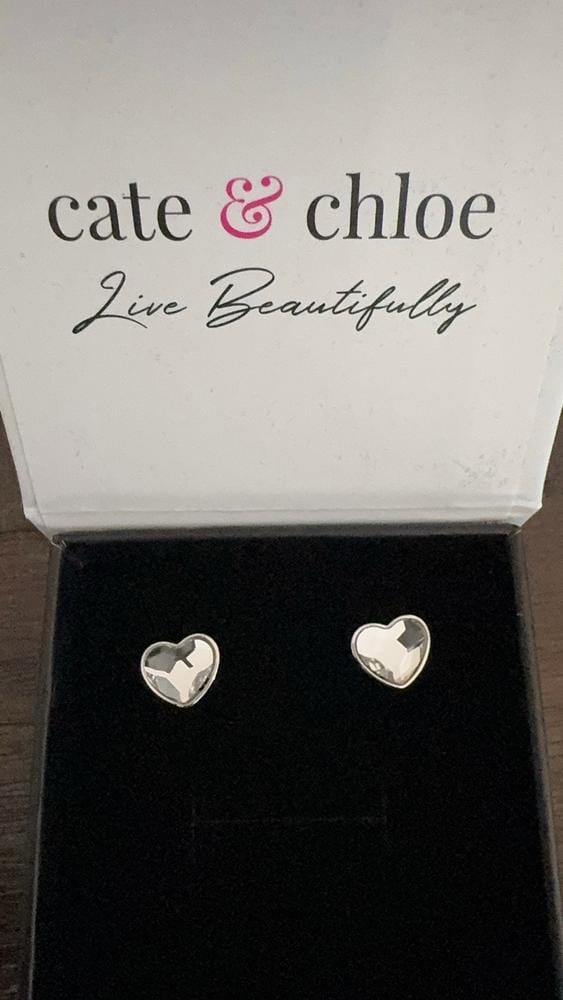 Customer photo review of Violet 18k White Gold Plated Heart Stud Earrings with Swarovski Crystals - Final Sale