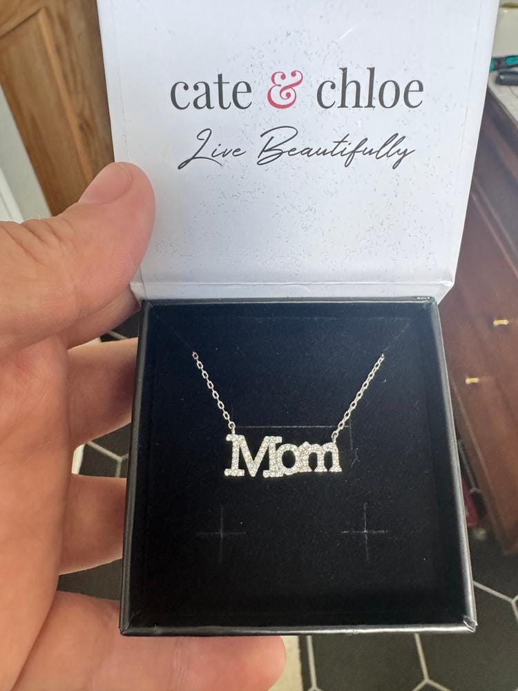 Customer photo review of Carrie 18k White Gold Plated Mom Necklace with Swarovski Crystals