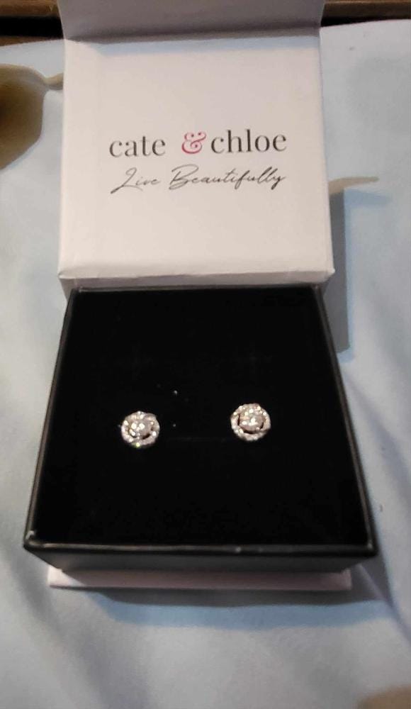 Customer photo review of Moissanite by Cate & Chloe Jemma 18k Gold Plated 925 Sterling Silver Stud Earrings 1.12tcw