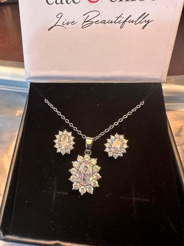 Customer photo review of Sage 18k White Gold Plated Stud Earrings and Necklace Set with Oval Cut Simulated Diamond Crystals