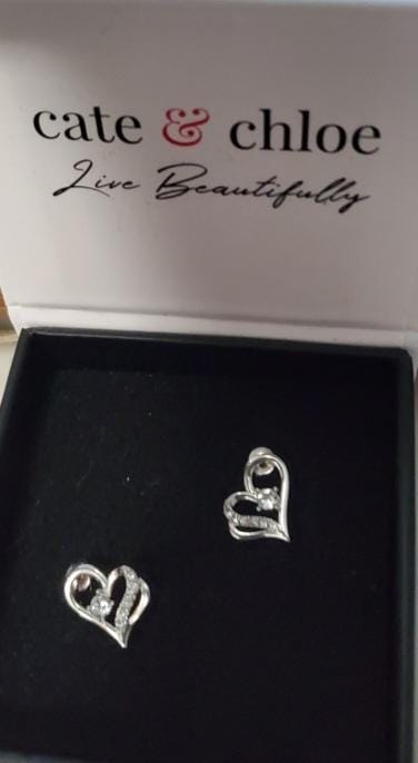 Customer photo review of Kara 18k White Gold Plated Silver Heart Stud Earrings with Swarovski Crystals