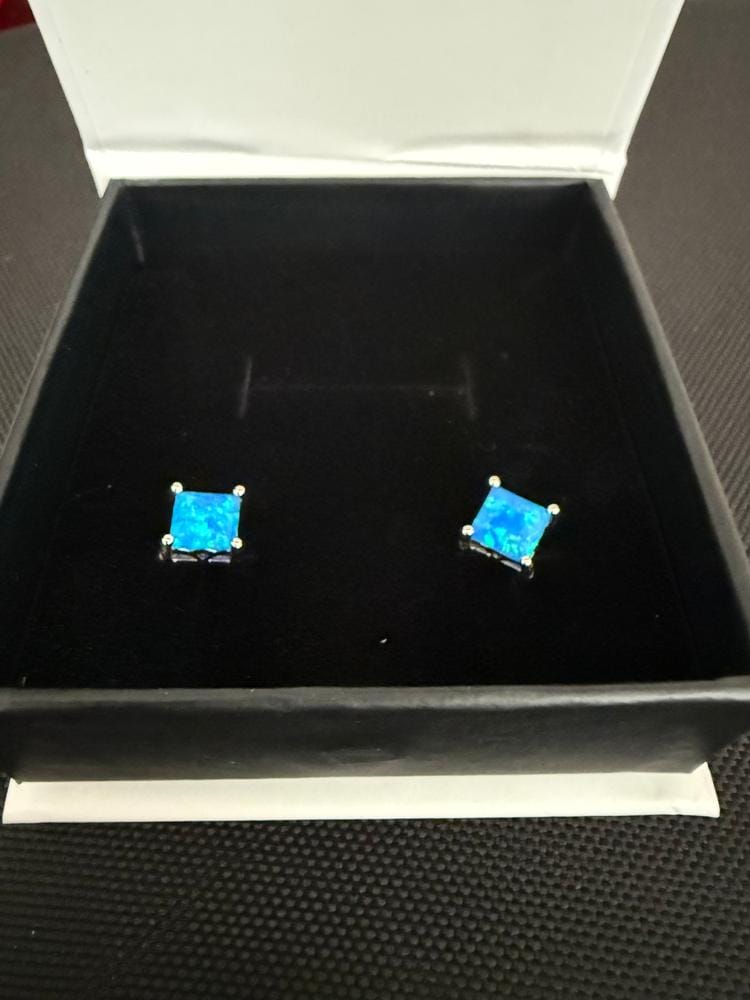 Customer photo review of Amphitrite 18k White Gold Plated Stud Earrings with Princess Cut Opal Stones